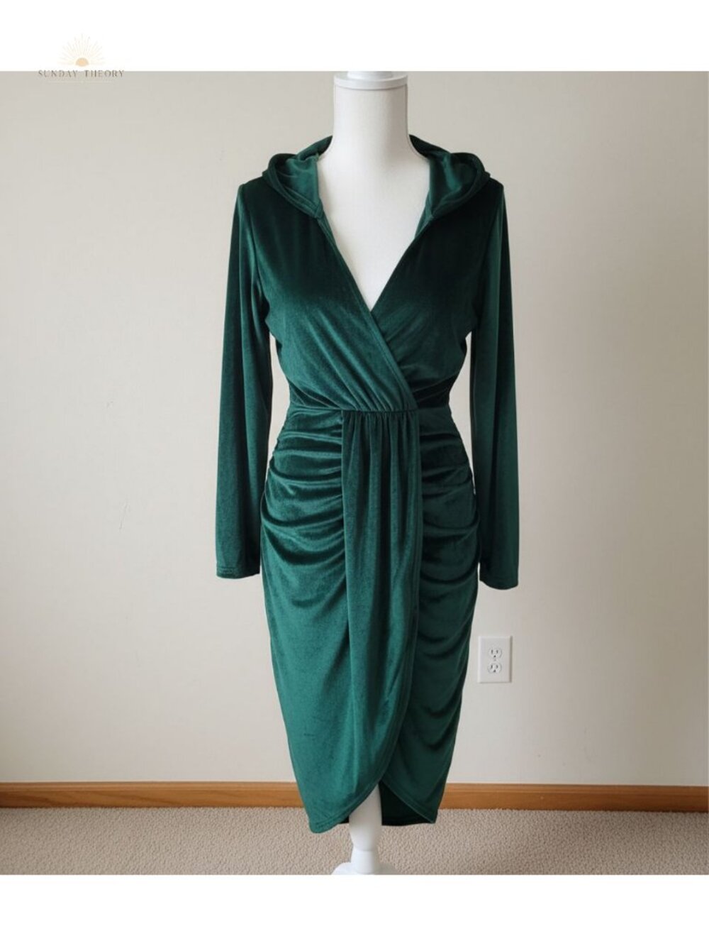 Women's Velvet Ruched Midi Dress V-Neck Long Sleeve Cocktail Party Wrap